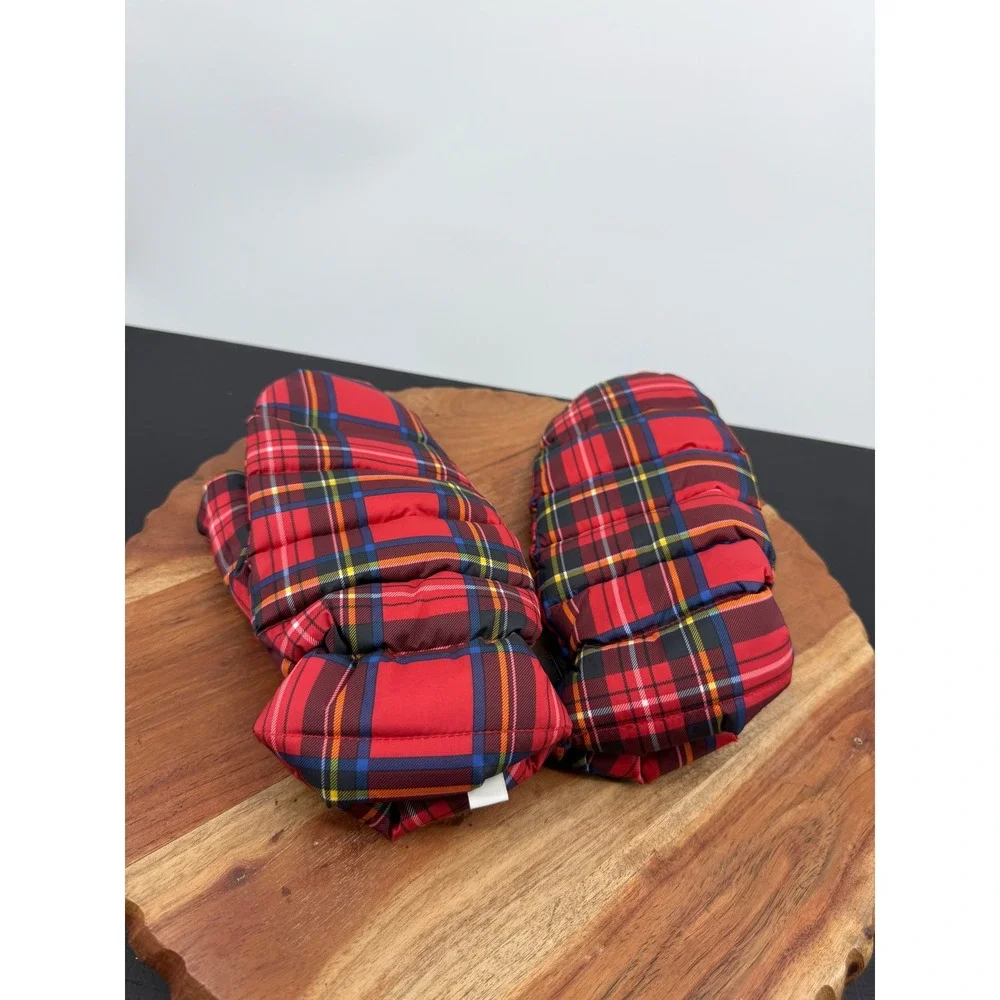 J. Crew Tartan Plaid Puffer Mittens Womens OS Red Quilted Fleece Lined Winter